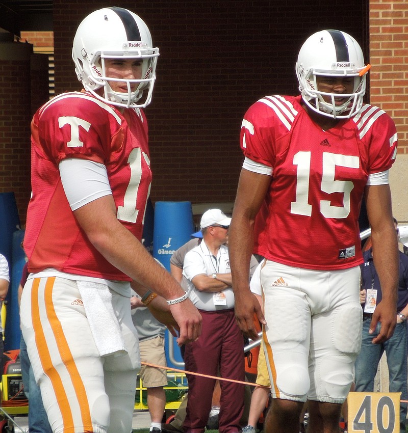 January enrollees Quinten Dormady (12) and Jauan Jennings (15) are making strides in their work at quarterback for Tennessee.