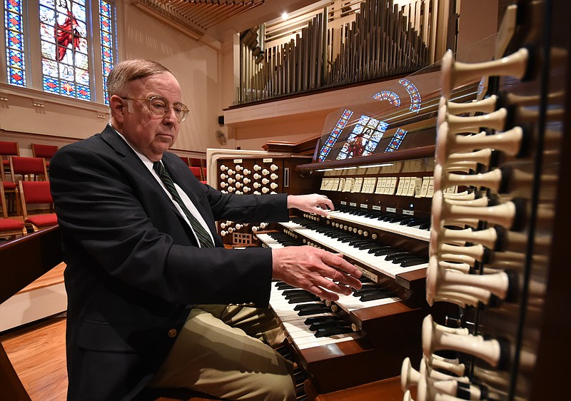 Jeff Scofield, 34-year veteran organist at Brainerd United Methodist Church, plays the multi-level keyboard on the 4,242-pipe Moller pipe organ.