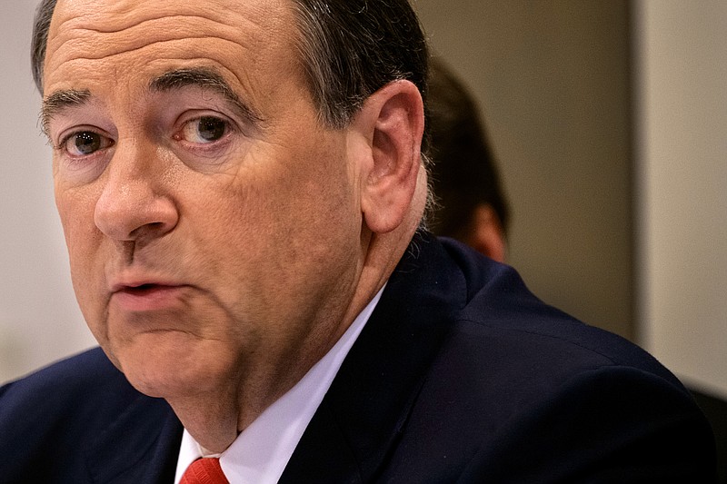 
              Former Arkansas Gov. Mike Huckabee speaks to reporters during a roundtable discussion in Washington, Friday April 17, 2015 about his future aspirations to run for President of the United States. (AP Photo/J. David Ake)
            