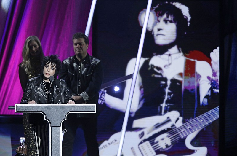 Joan Jett speaks at the Rock and Roll Hall of Fame Induction Ceremony Saturday, April 18, 2015, in Cleveland.