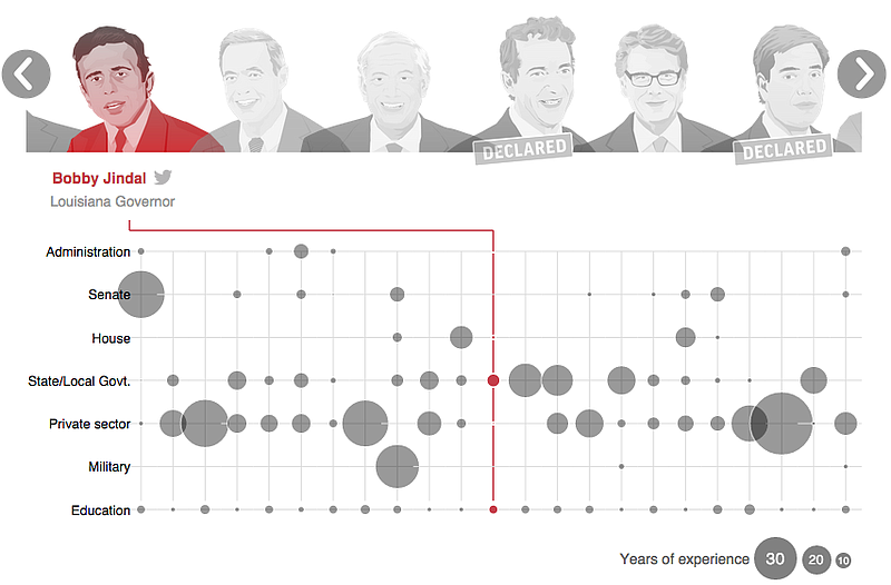 A screenshot from an interactive graphic shows the careers and experience of this year's crop of presidential candidates.