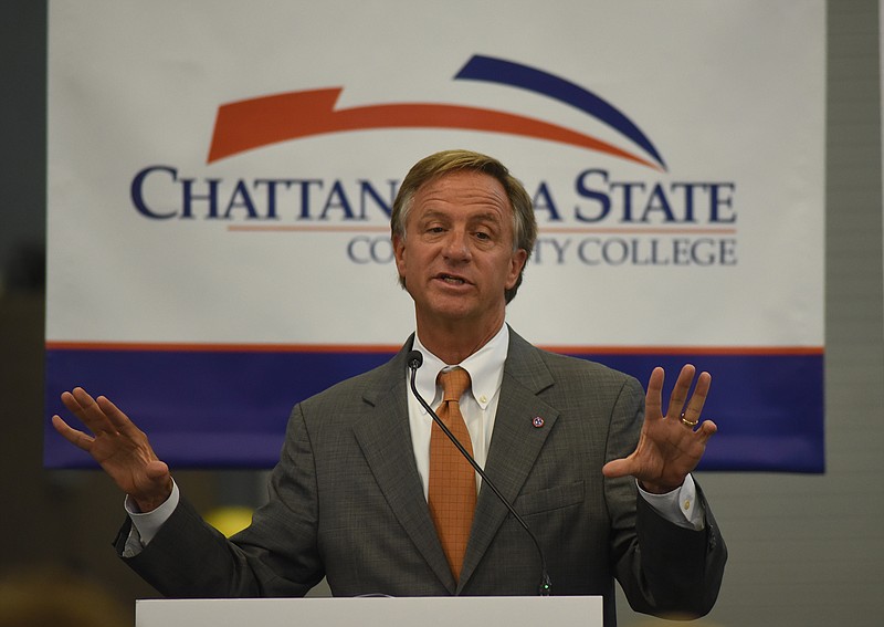 Governor Bill Haslam speaks about the Drive to 55 initiative Friday, April 10, 2015, in the Tennessee College of Applied Technology at Chattanooga State Community College in Chattanooga.