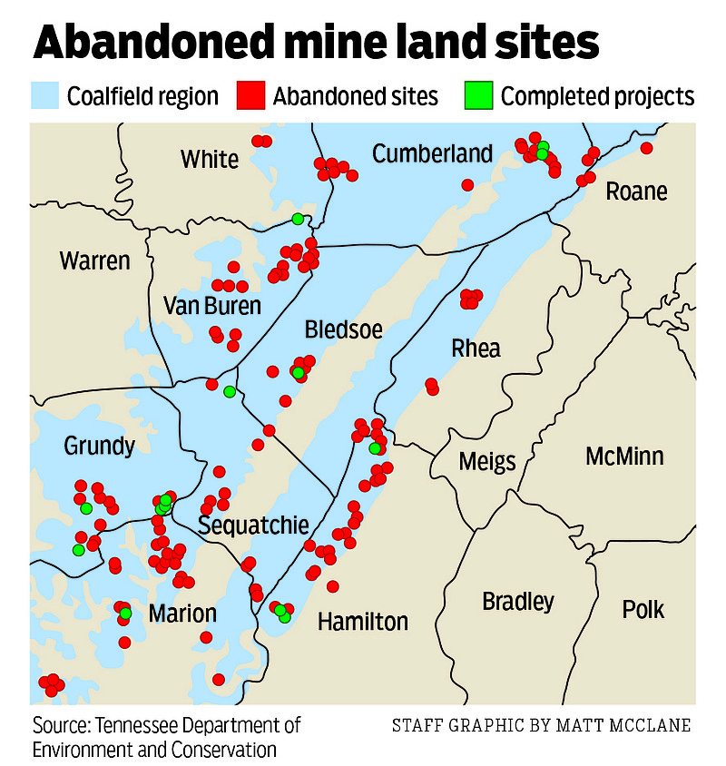 Abandoned mine land sites in Tennessee's coalfield counties.