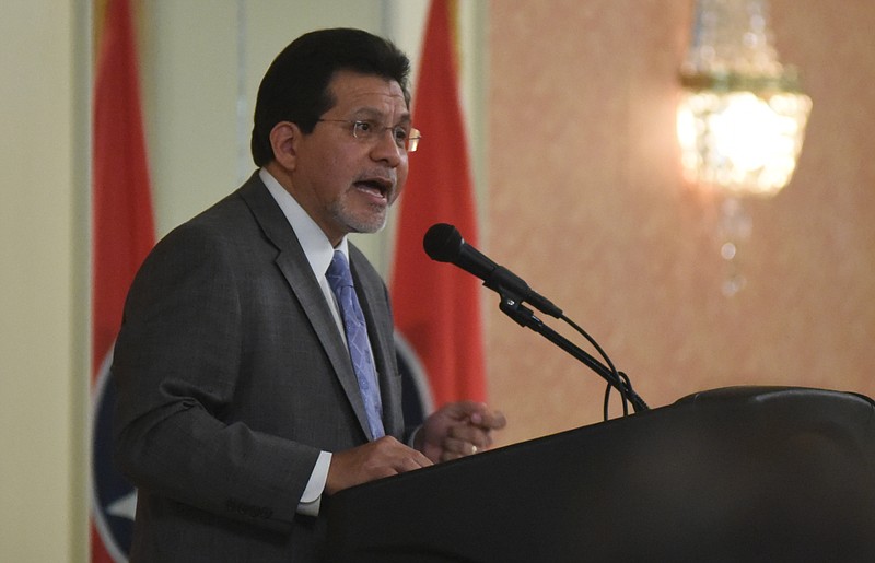 Former U. S. Attorney General Alberto Gonzales speaks at the Brainerd Kiwanis Club meeting at the Chattanooga Choo Choo on Tuesday, Aug. 21,  2015, in Chattanooga, Tenn.