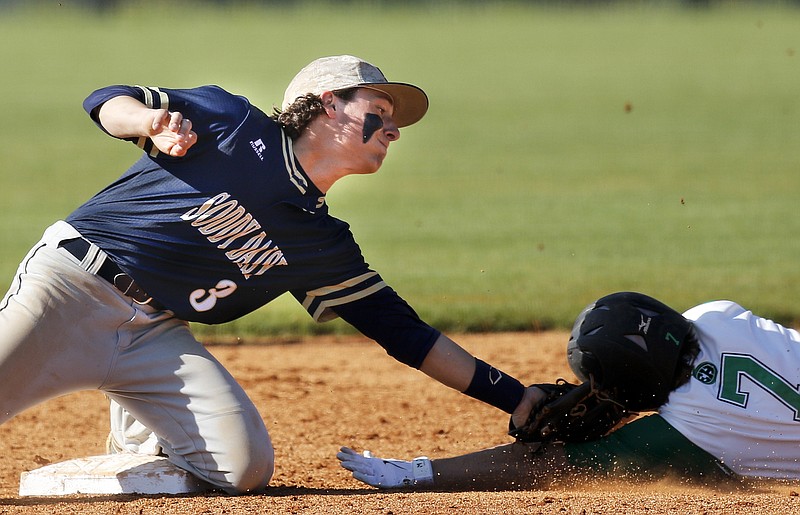 Soddy-Daisy shortstop Justin Cooke tags out East Hamilton runner Garrett Stone as he tries to steal 2nd during their prep baseball game Tuesday, April 21, 2015, at East Hamilton High School in Ooltewah, Tenn.