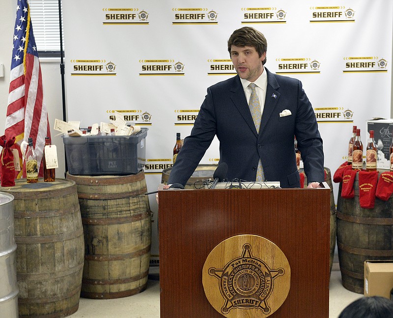 Kentucky Assistant Commonwealth's Attorney Zach Becker speaks during a news conference at the Franklin County Sheriff's Office on Tuesday, April 21, 2015, in Frankfort, Ky.