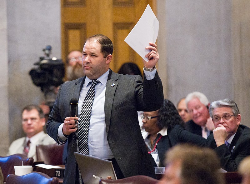 Rep. Andy Holt, R-Dresden, participates in a House debate on a bill to extend in-state tuition to non-citizen students who are lawfully present in the United States in Nashville on Wednesday, April 22, 2015.