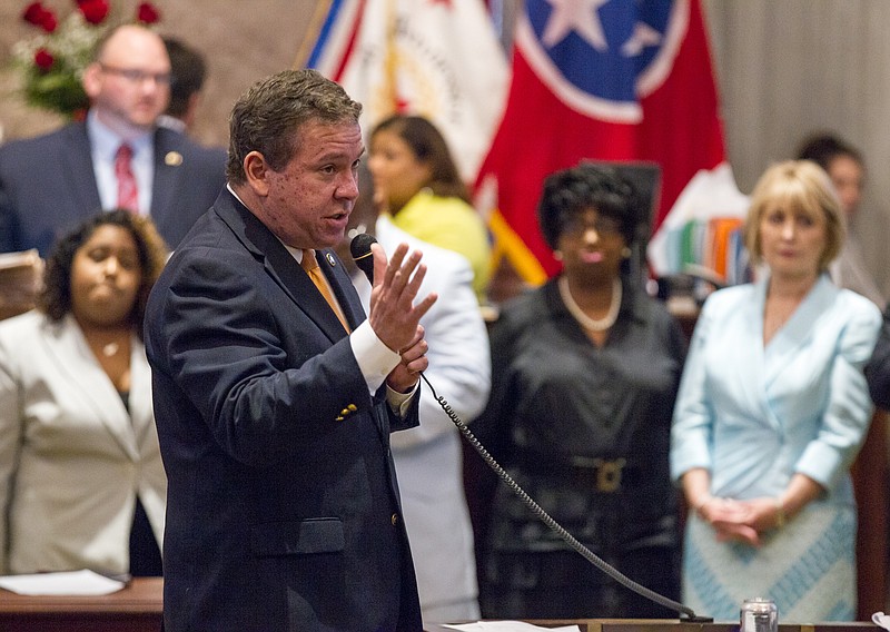 House Majority Leader Gerald McCormick, R-Chattanooga, addresses the House chamber in Nashville on Wednesday, April 22, 2015, about a bill to extend in-state tuition to non-citizen students who are lawfully present in the United States. The bill ultimately fell short by a single vote.