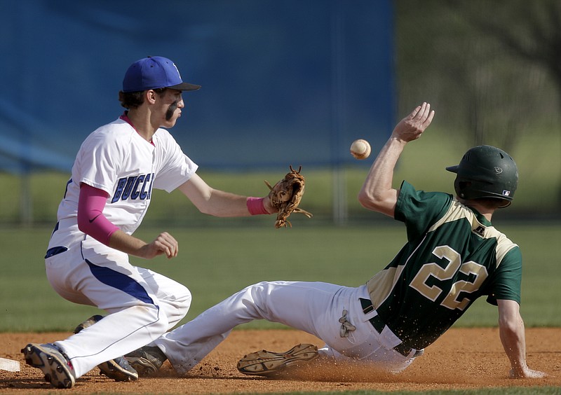 Silverdale runner Josiah Green is safe at 2nd after the ball comes loose from the glove of Boyd-Buchanan shortstop Cade Evans during their prep baseball game Thursday, April 23, 2015, at Boyd-Buchanan School in Chattanooga.