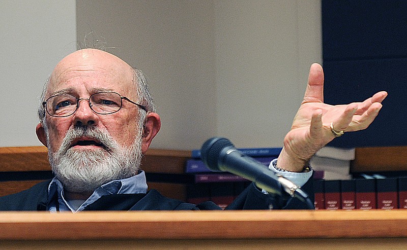 This undated file photo shows District Judge G. Todd Baugh presiding at a hearing in Great Falls, Mont. Baugh, the Montana judge who was censured by the state's high court for his comments about a 14-year-old rape victim, has been chosen for a lifetime achievement award by his local bar association. Yellowstone Area Bar Association President Jessica Fehr said Thursday, April 23, 2015 that Baugh was chosen for the award by the group's board of directors. (Larry Mayer/Billings Gazette via AP, File) 