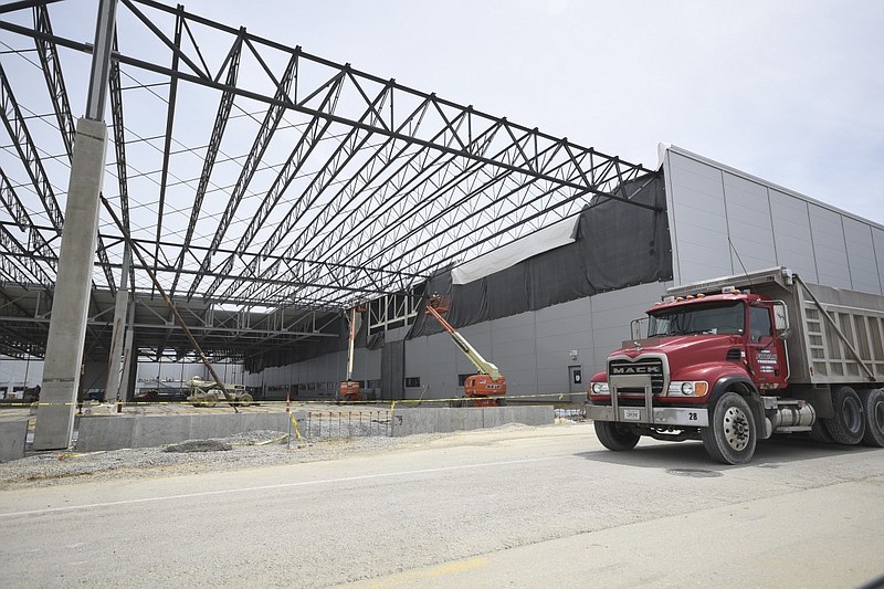 The roof of the north end of the Chattanooga Volkswagen plant's body shop is under construction. The work is part of the $900 million plant expansion.