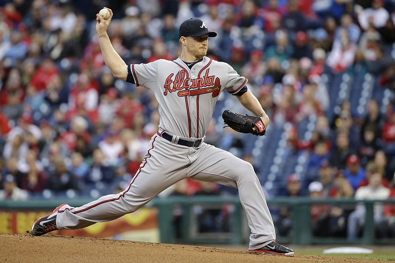 Atlanta Braves' Shelby Miller pitches during his game against the Philadelphia Phillies, Saturday, April 25, 2015, in Philadelphia. 