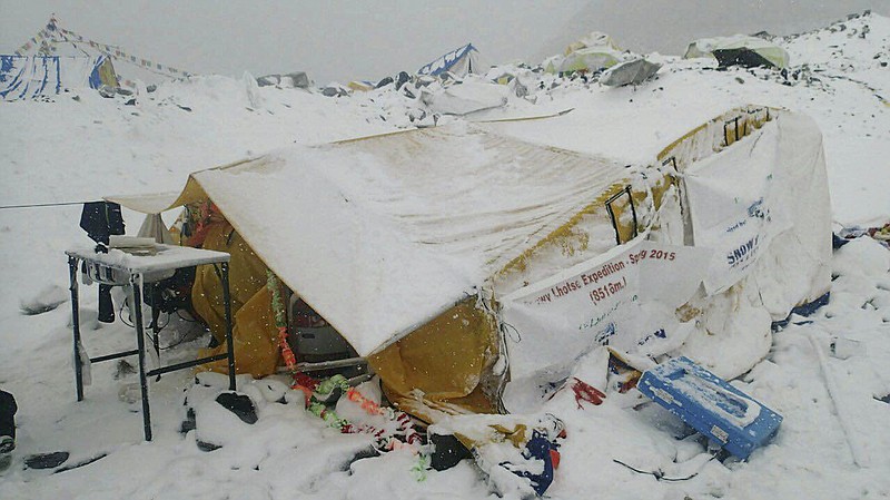 This photo provided by Azim Afif shows the scene after an avalanche triggered by a massive earthquake swept across Everest Base Camp, Nepal on Saturday, April 25, 2015. Afif and his team of four others from the Universiti Teknologi Malaysia (UTM) all survived the avalanche. 