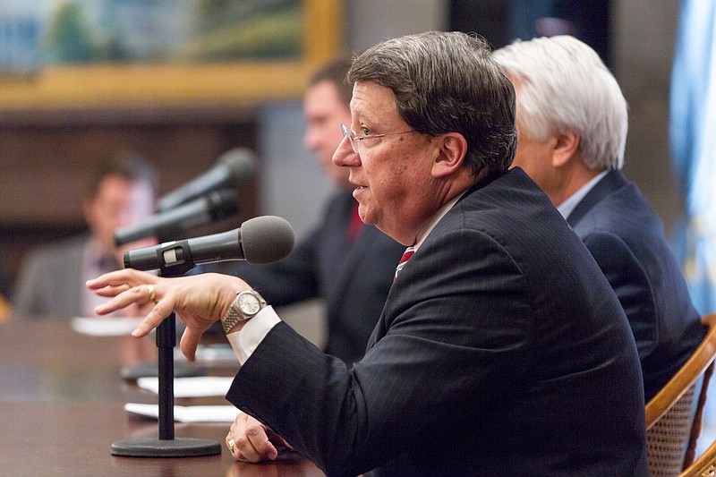 Senate Majority Leader Mark Norris speaks about the conclusion of the legislative session at a news conference at the state Capitol in Nashville, Tenn., on Thursday, April 23, 2015. (AP Photo/Erik Schelzig)
            