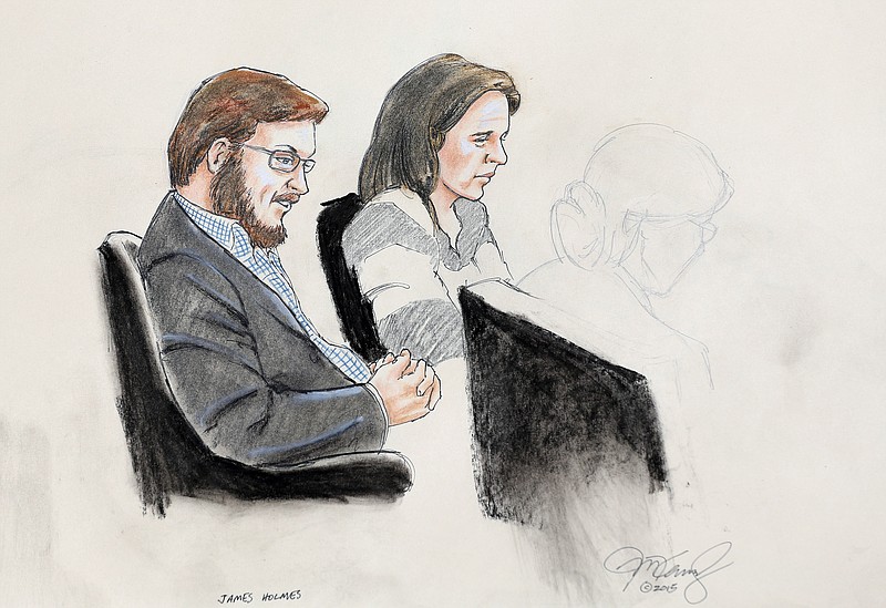
              FILE - In this Jan. 20, 2015 courtroom file sketch, James Holmes, left, and defense attorney Tamara Brady are depicted, as they sit in court on the first day of jury selection in Holmes' trial, at the Arapahoe County Justice Center, in Centennial, Colo. Jan. 20, 2015. Holmes faces trial starting on April 27, 2015, in the mass shooting in an Aurora, Colo., movie theater that left 12 dead and 70 wounded. (AP Photo/Jeff Kandyba, file)
            