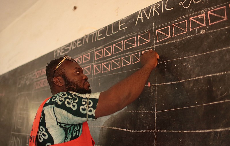 
              A election official counts votes during the Togo elections at a  polling station in Lome, Togo, Saturday, April 25, 2015.  Togo's president, whose family has ruled this small West African nation for nearly 50 years, appealed for peace as he vied for re-election Saturday against four other candidates. (AP Photo/Erick Kaglan)
            