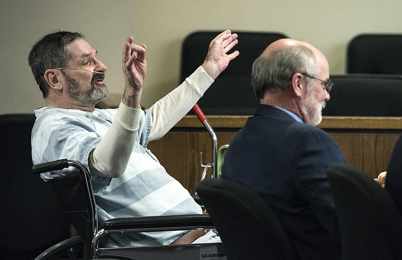 
              FILE- In this March 27, 2015, file photo, Frazier Glenn Miller, left, appears in court at the Johnson County Courthouse, in Olathe, Kan., where he asked for his right to a speedy trial. Frazier Glenn Miller, who is accused of killing three people at two Jewish centers, told The Associated Press in a phone call from jail on Monday, April 27, 2015, that he doesn't think he has much longer to live and wants a chance to speak in court about why he committed the crimes. (John Sleezer/The Kansas City Star via AP, File)
            