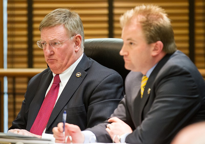 Republican Reps. Tony Shipley of Kingsport, left, and William Lamberth of Cottontown attend a House Criminal Justice Committee hearing in Nashville on Wednesday, March 26, 2014.