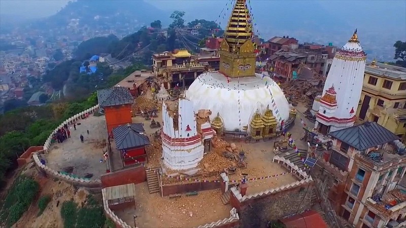 Video taken from a drone Saturday, April 25, 2015, shows devastation in the Nepalese capital Kathmandu, caused by Saturday's quake that measured 7.8 on the Richter Scale.