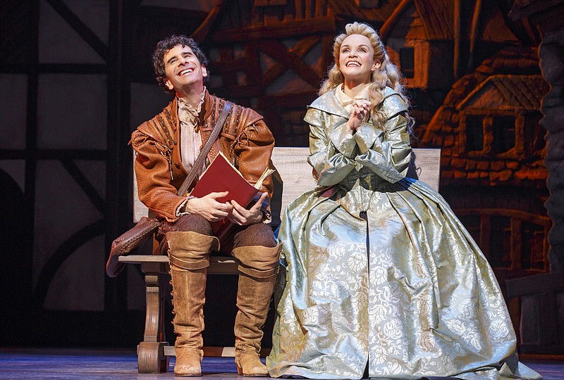 This image released by Boneau/Bryan Brown shows John Cariani, left, and Kate Reinders during a performance of "Something Rotten," in New York.