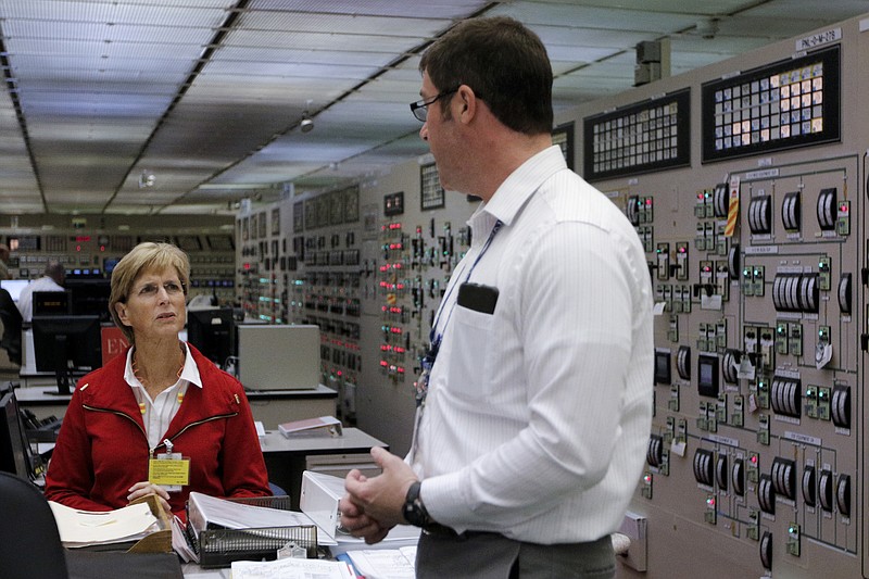 Unit 2 operations supervisor Damon Fegley, right, shows former New Jersey Gov. Christie Whitman the unit 2 control room during a tour of TVA's Watts Bar nuclear plant on Wednesday, April 29, 2015, in Spring City, Tenn. 