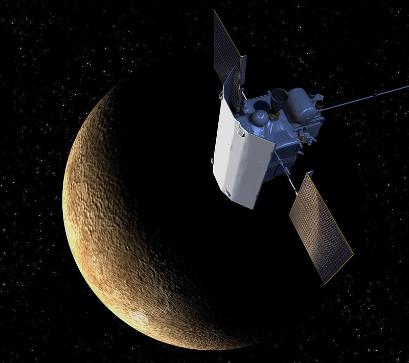 
              This artist's rendering provided by the Johns Hopkins University Applied Physics Laboratory shows the sunshade on the MErcury Surface, Space ENvironment, GEochemistry, and Ranging (Messenger) around the planet Mercury. The sunshade shields the spacecraft's instruments from heat and solar radiation. (Johns Hopkins University Applied Physics Laboratory via AP) Image converted using ifftoany
            