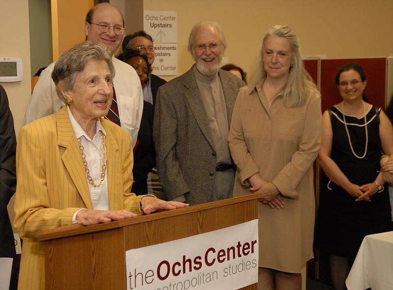 Former publisher of the Chattanooga Times and local philanthropist Ruth Holmberg makes a few remarks at a ceremony in the newly-named Ochs Center for Metropolitan Studies on McCallie Avenue in this file photo. The center was named for Ms. Holmberg's grandfather Adolph Ochs who purchased the Chattanooga Times and the New York Times in the late-1800's. The Ochs Center for Metropolitan Studies is an institute for research and analysis of data about census information, polls, surveys and other studies.