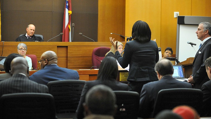 Former Atlanta Public Schools Dobbs Elementary school principal Dana Evans asks for leniency during sentencing of 10 of the 11 defendants convicted of racketeering and other charges in the Atlanta Public Schools test-cheating trial Monday, April 13, 2015, before Judge Jerry Baxter in Fulton County Superior Court in Atlanta