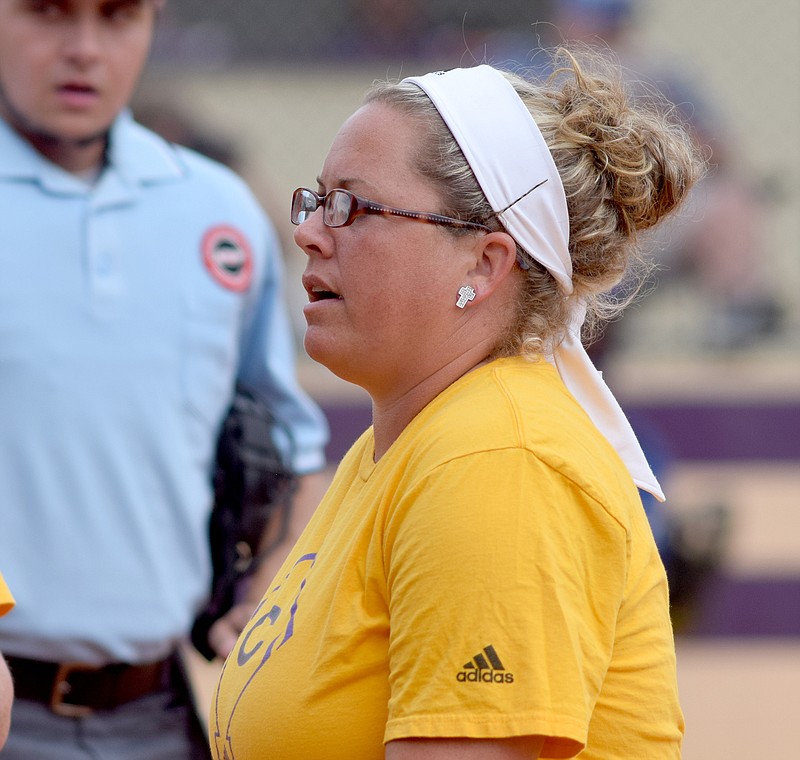 Central head coach LeeAnne Shurette looks to her bench between innings in this file photo.