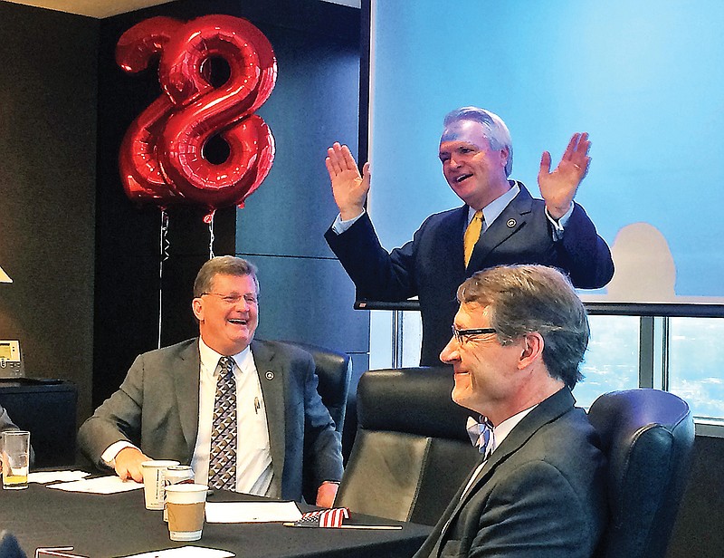 Senate Speaker and Lt. Gov. Ron Ramsey is giddy over his Senate Republican Caucus's increased size - to 28 members - after the 2014 election. Ramsey spoke to the Senate Republican Caucus when it met Dec. 10, 2014, to lay the groundwork for the 2015 legislative session. Also enjoying the moment are Sens. Steve Southerland, R-Morristown, and Bo Watson, R-Chattanooga.