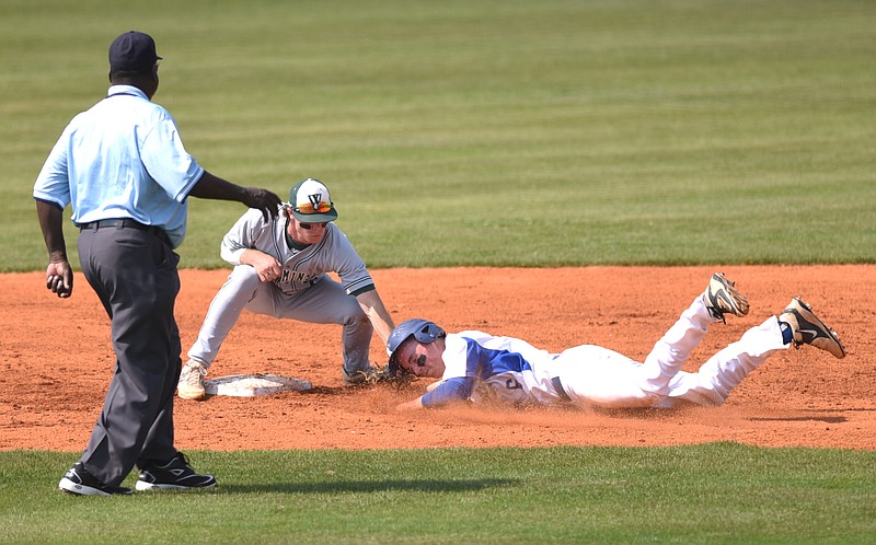 Ringgold's Ty Jones is out at second as Westminster's Rhett Baldwin makes the tag at Ringgold High School on Wednesday, May 6, 2015.