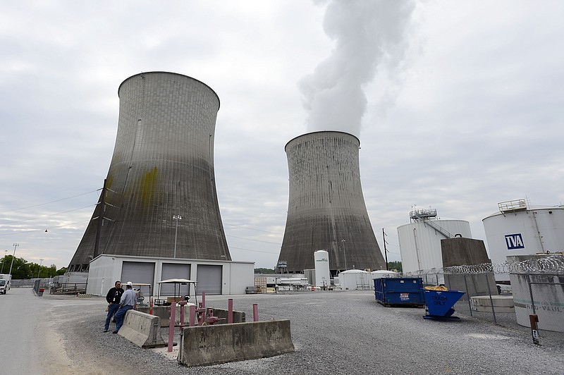 Cooling towers for Unit 1, right, and Unit 2, left, are shown at the Watts Bar Nuclear Plant near Spring City, Tenn., in this April 29, 2015 photo.