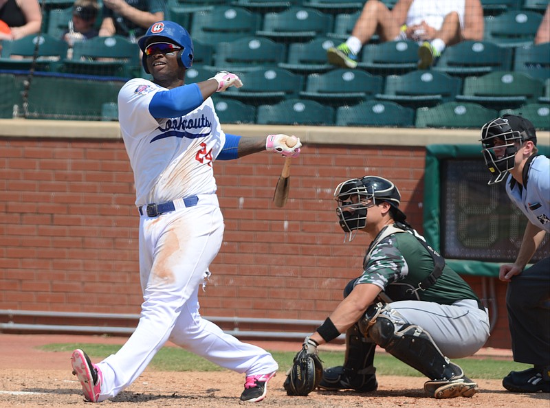 Miguel Sano drives in a run in the fourth inning as the Chattanooga Lookouts defeat the Jackson Generals 16-3 on Sunday, May 10, 2015, in Chattanooga.