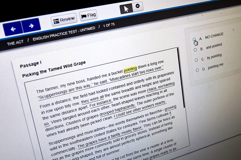 A computer-based practice ACT English test is displayed on a computer monitor on May 6, 2015, in Washington. 