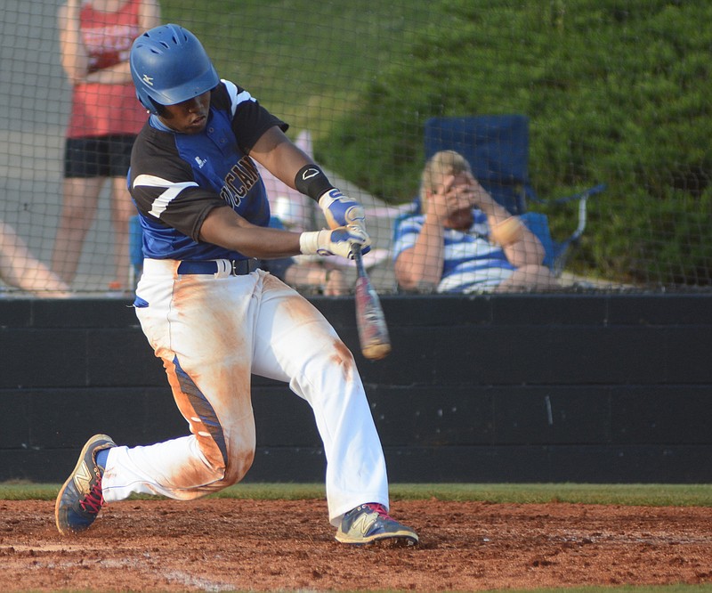 Boyd Buchanan's Austin Jackson hits a three run homer in the bottom of the seventh to give Boyd Buchanan a 7-5 win over Marion County in a TSSAA region game on Monday, May 11, 2015, in Chattanooga. 