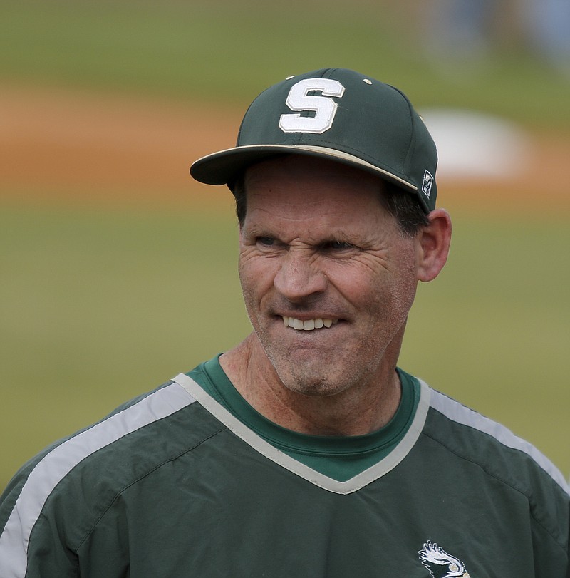 Silverdale baseball coach Jonathan Adcock during their prep baseball game Tuesday, April 28, 2015, at Silverdale Baptist Academy in Chattanooga.