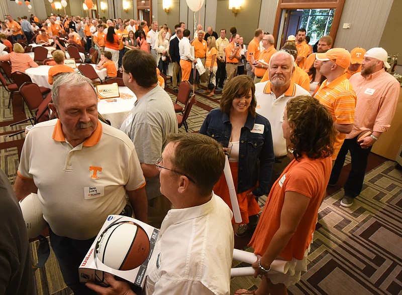 Hundreds of Tennessee Volunteer fans gather at The Chattanoogan hotel to meet coaches and get autographs as the Big Orange Caravan rolls into Chattanooga on Wednesday, May 13, 2015.