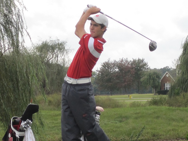 Baylor junior Oliver Simonsen hits his tee shot on No. 18 of Willowbrook Golf Course in the Division II-AA state championship on Tuesday, Oct. 7, 2014.