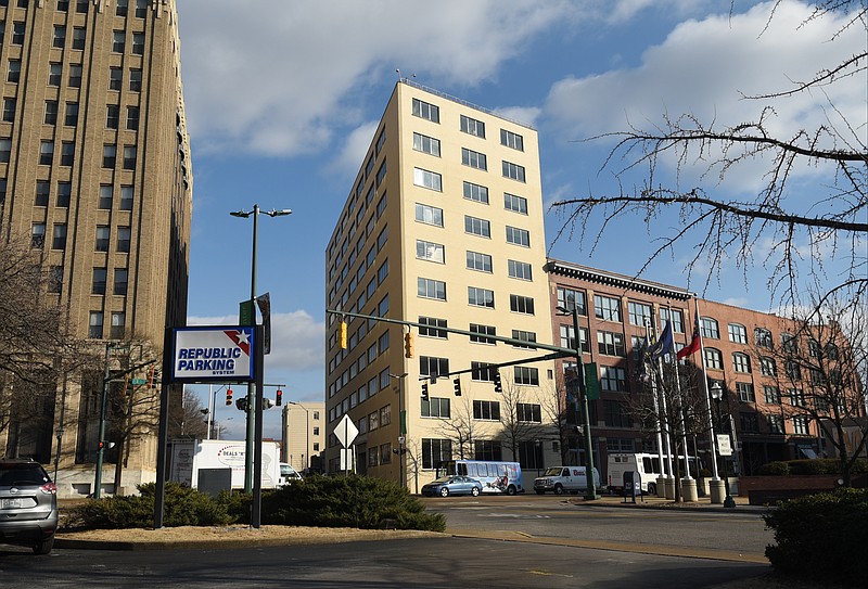 The Edney Building, center, located at the corner of Market and 11th Streets, is photographed on Feb. 2, 2015, in downtown Chattanooga. Seen at left is Patten Towers, while Warehouse Row is at right.