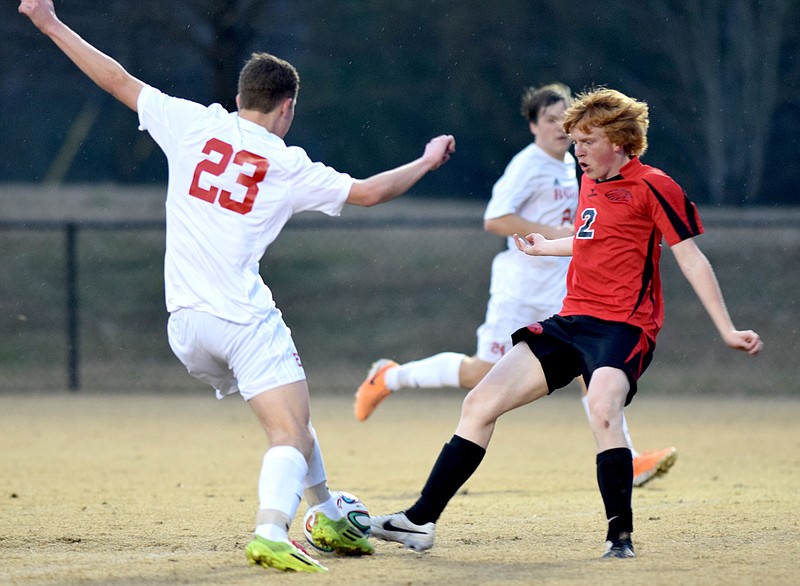 Signal Mountain's Fraser Goodgame (2) kicks the ball away from Baylor's Kyle Johnston (23) in this March 10, 2015, file photo.