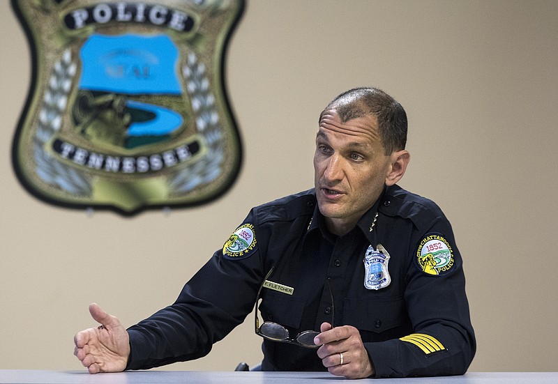 Police chief Fred Fletcher talks Wednesday, May 6, 2015, about theft prevention at police headquarters in Chattanooga, Tenn.