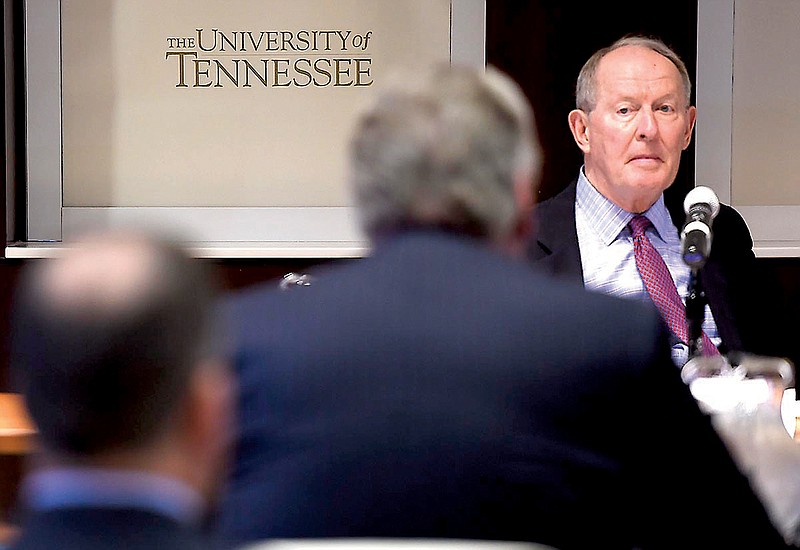 U.S. Sen. Lamar Alexander, right, takes part in a Tennessee Valley Authority roundtable discussion Monday at the Howard Baker Jr. Center in Knoxville.