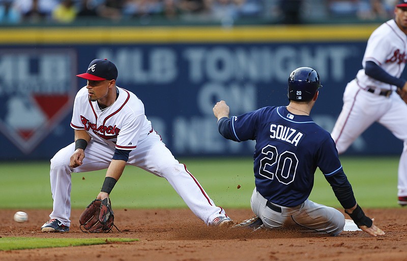 Tampa Bay Rays' Steven Souza Jr. (20) steals second base as Atlanta Braves second baseman Jace Peterson (8) handles the late throw in the third inning of a baseball game Tuesday, May 19, 2015, in Atlanta.