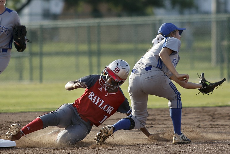 Baylor runner Cheyenne Lindsey slides safely into 2nd ahead of the throw to GPS shortstop Abbey Anderson during their D-II girls state softball tournament quarterfinal game Tuesday, May 19, 2015, at the TSSAA Spring Fling in Murfreesboro, Tenn.