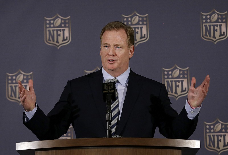 NFL Commissioner Roger Goodell speaks to reporters during the NFL's spring meetings in San Francisco in this May 20, 2015 photo.