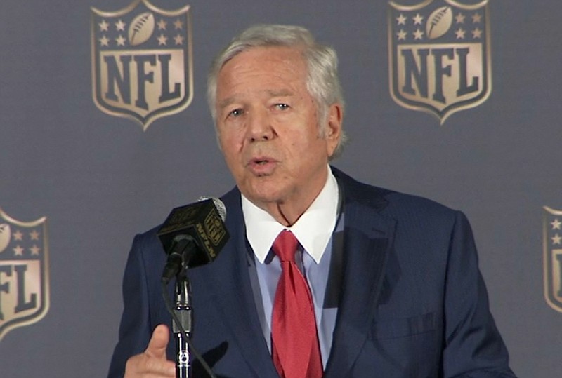 
              In this image provided by the NFL, New England Patriots owner Robert Kraft speaks at the NFL owners meetings in San Francisco, Tuesday, May 19, 2015. Now that Kraft is not appealing his team's punishments in the deflated footballs scandal, only his quarterback's challenge remains. Moments after Kraft said Tuesday, May 19, 2015,  he won't oppose the $1 million fine and loss of two draft choices the NFL penalized the team for its role in using underinflated footballs in the AFC championship game, the players' union reasserted that Tom Brady's appeal will go forward. (AP Photo/NFL via AP) NO SALES
            