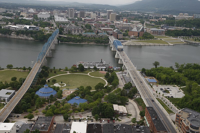 Aerial view of Coolidge Park and the Tennessee River in Chattanooga.