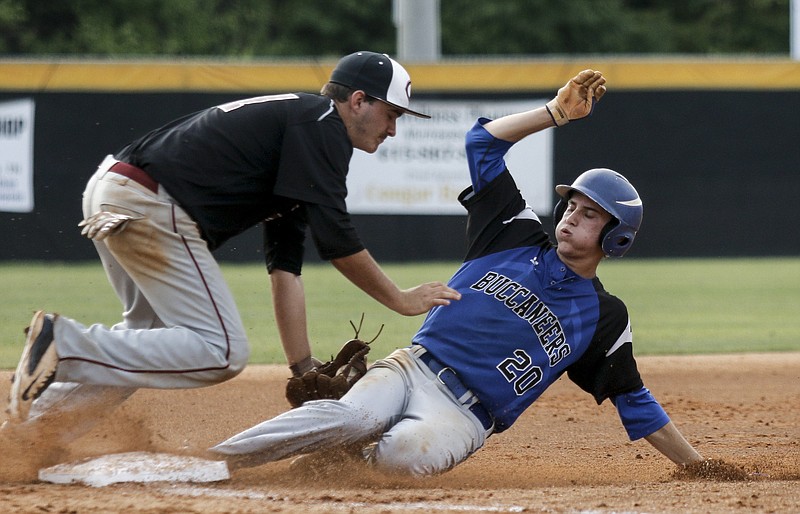 Boyd-Buchanan runner Cade Evans steals 3rd ahead of the throw to 3rd baseman Ben Taylor during their Division I-A losers-bracket game at the TSSAA Spring Fling in Murfreesboro, Tenn. Wednesday, May 20, 2015,