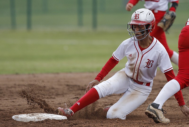 Baylor runner Cheyenne Lindsey slides into 2nd during their Division II-AA state softball tournament game against St. Benedict on Thursday, May 21, 2015, at the TSSAA Spring Fling in Murfreesboro, Tenn.