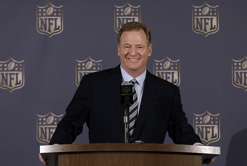 
              NFL Commissioner Roger Goodell smiles while speaking to reporters during the NFL's spring meetings in San Francisco, Wednesday, May 20, 2015. (AP Photo/Jeff Chiu)
            